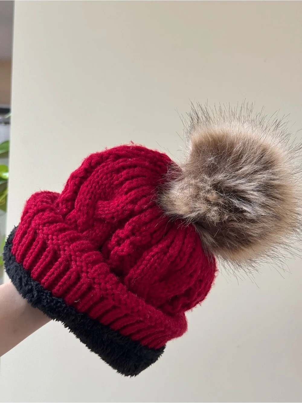 Red Cable Knit Pom Pom Beanie - Unbranded